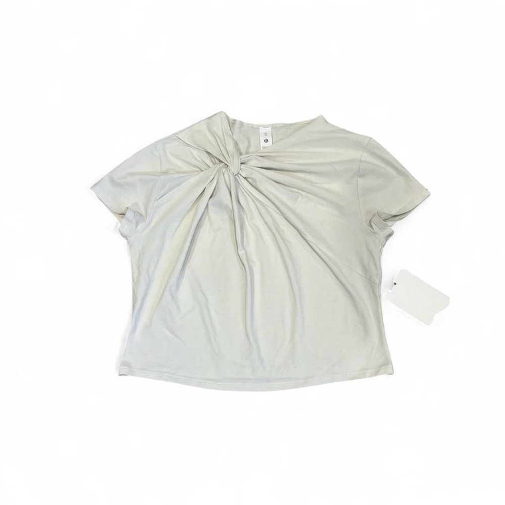 Elegant Asymmetrical Front-Twist T-Shirt. Tight-Fit Crop Length Size XL Bone